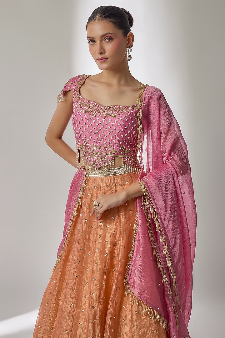 Orange Crushed Silk Tissue Sequin Embroidered Kalidar Wedding Lehenga Set by Essay by Sumedha Agrawal at Pernia's Pop Up Shop