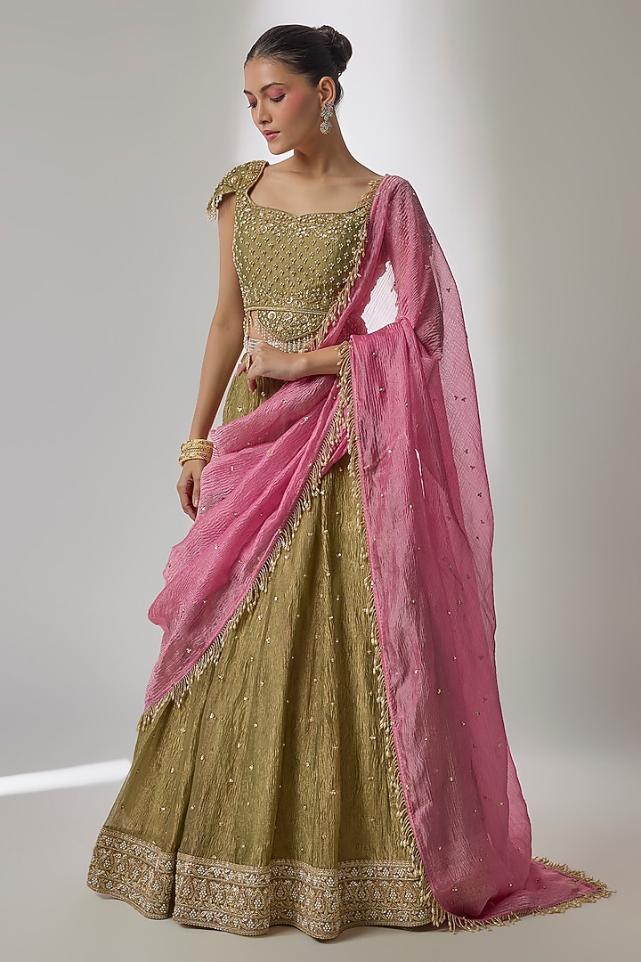 Green Crushed Silk Tissue Sequin Embroidered Kalidar Wedding Lehenga Set by Essay by Sumedha Agrawal at Pernia's Pop Up Shop