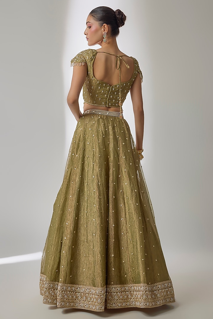 Green Crushed Silk Tissue Sequin Embroidered Kalidar Wedding Lehenga Set by Essay by Sumedha Agrawal at Pernia's Pop Up Shop