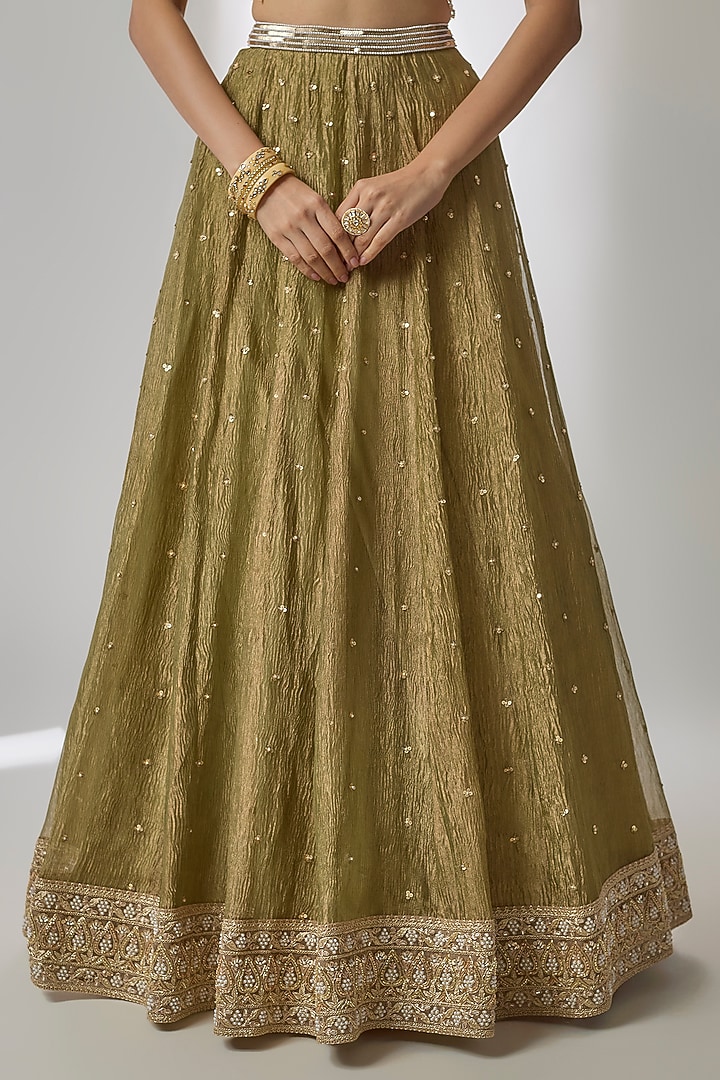 Green Crushed Silk Tissue Sequin Embroidered Kalidar Wedding Lehenga Set by Essay by Sumedha Agrawal at Pernia's Pop Up Shop
