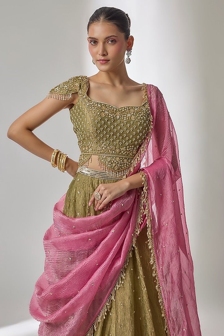 Green Crushed Silk Tissue Sequin Embroidered Kalidar Wedding Lehenga Set by Essay by Sumedha Agrawal at Pernia's Pop Up Shop