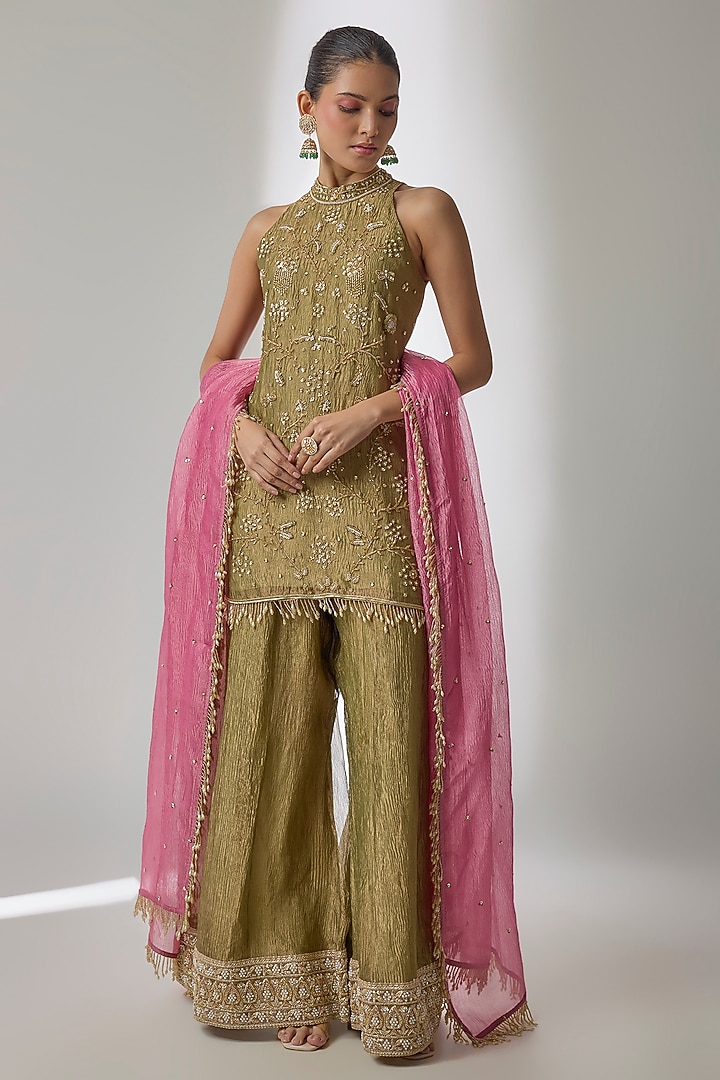 Green Crushed Silk Tissue Sequin Embroidered Kalidar Wedding Sharara Set by Essay by Sumedha Agrawal at Pernia's Pop Up Shop