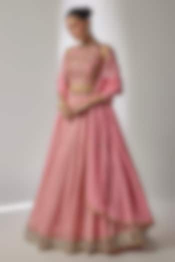 Peach Viscose Organza Sequin Embroidered Wedding Lehenga Set by Essay by Sumedha Agrawal at Pernia's Pop Up Shop