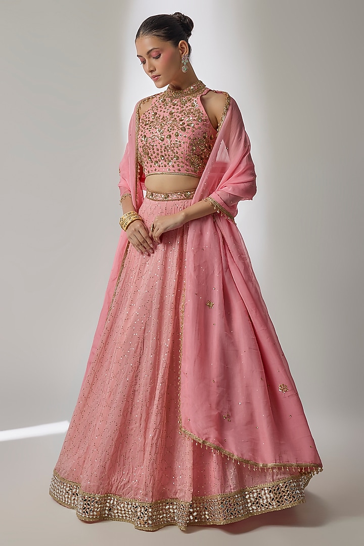 Peach Viscose Organza Sequin Embroidered Wedding Lehenga Set by Essay by Sumedha Agrawal at Pernia's Pop Up Shop