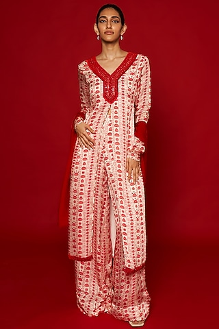 White Organza Satin Glass Beads Embroidered & Floral Printed Striped Kurta Set by Essay by Sumedha Agrawal