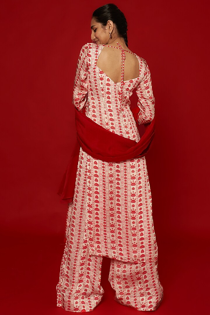White Organza Satin Glass Beads Embroidered & Floral Printed Striped Kurta Set by Essay by Sumedha Agrawal at Pernia's Pop Up Shop