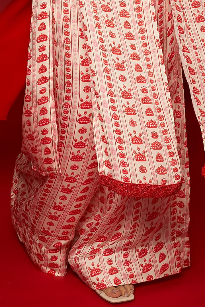 White Organza Satin Glass Beads Embroidered & Floral Printed Striped Kurta Set by Essay by Sumedha Agrawal at Pernia's Pop Up Shop