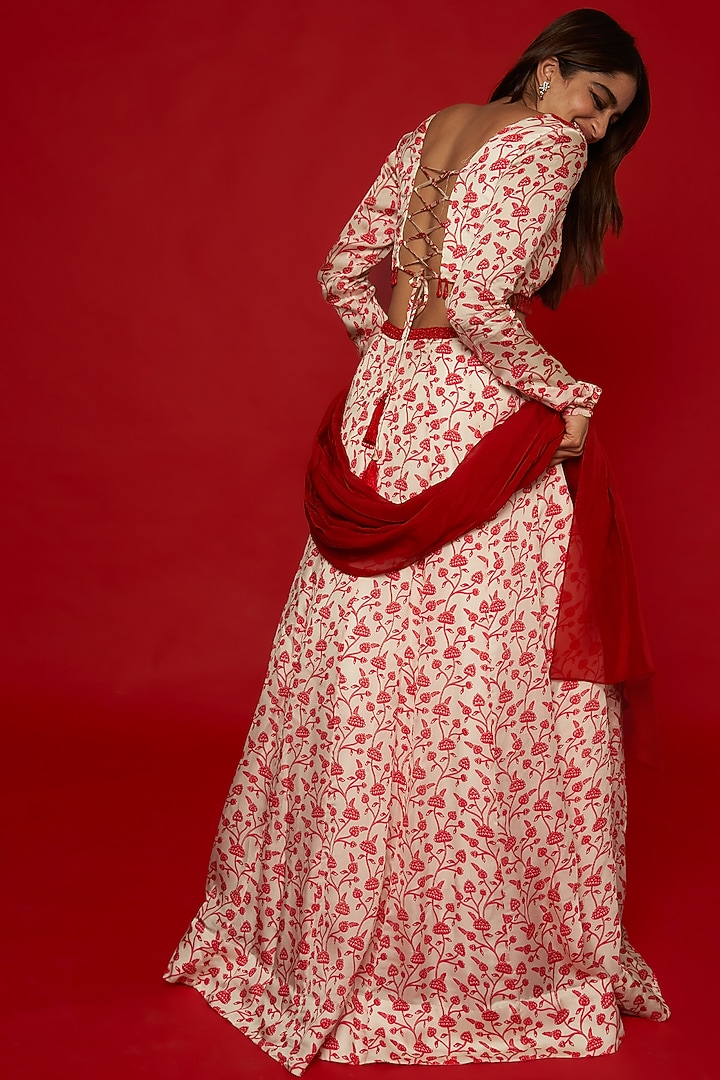 White & Red Organza Satin Floral Printed Lehenga Set by Essay by Sumedha Agrawal at Pernia's Pop Up Shop