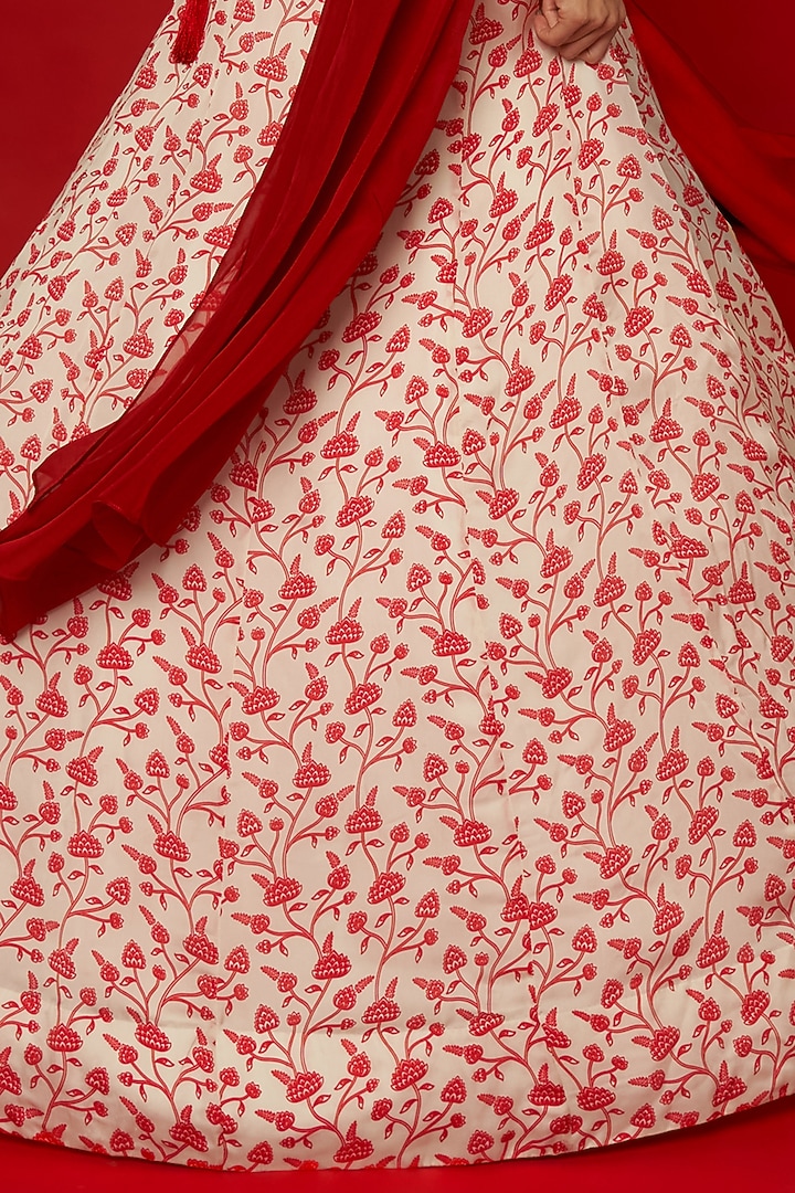White & Red Organza Satin Floral Printed Lehenga Set by Essay by Sumedha Agrawal at Pernia's Pop Up Shop