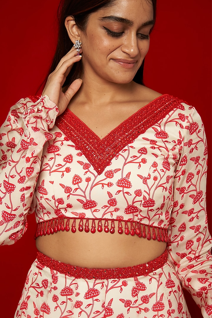 White & Red Organza Satin Floral Printed Lehenga Set by Essay by Sumedha Agrawal at Pernia's Pop Up Shop
