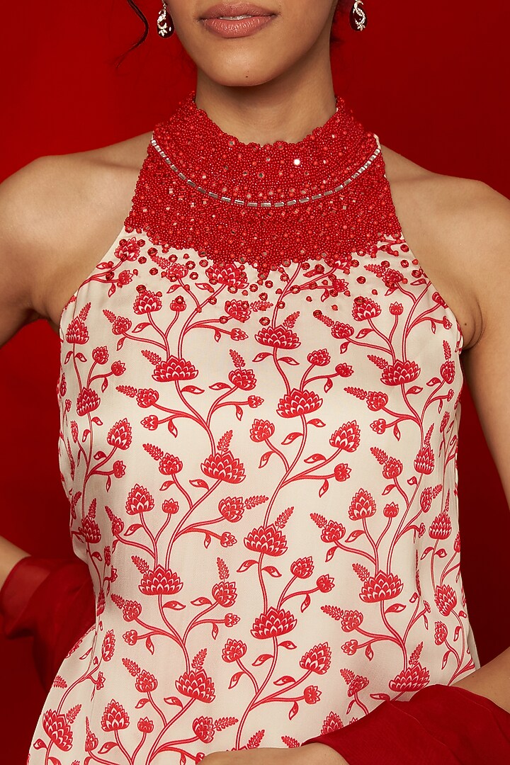 White & Red Organza Satin Floral Printed Kurta Set by Essay by Sumedha Agrawal at Pernia's Pop Up Shop