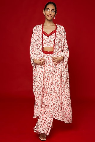 White & Red Double Georgette Floral Printed Cape Set by Essay by Sumedha Agrawal