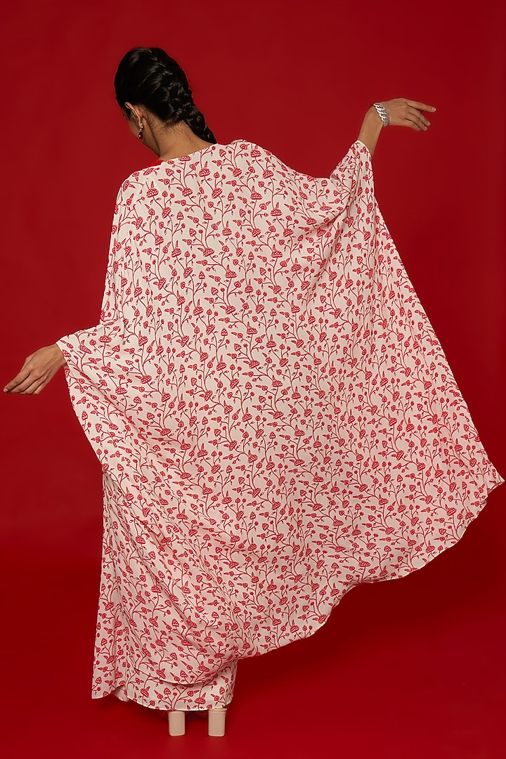 White & Red Double Georgette Floral Printed Cape Set by Essay by Sumedha Agrawal at Pernia's Pop Up Shop