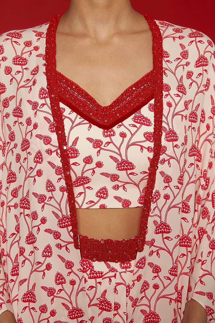 White & Red Double Georgette Floral Printed Cape Set by Essay by Sumedha Agrawal at Pernia's Pop Up Shop