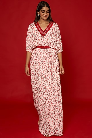 White & Red Double Georgette Floral Printed Kaftan Set by Essay by Sumedha Agrawal