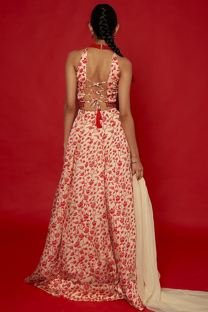 Cream & Red Organza Satin Floral Printed Lehenga Set by Essay by Sumedha Agrawal at Pernia's Pop Up Shop