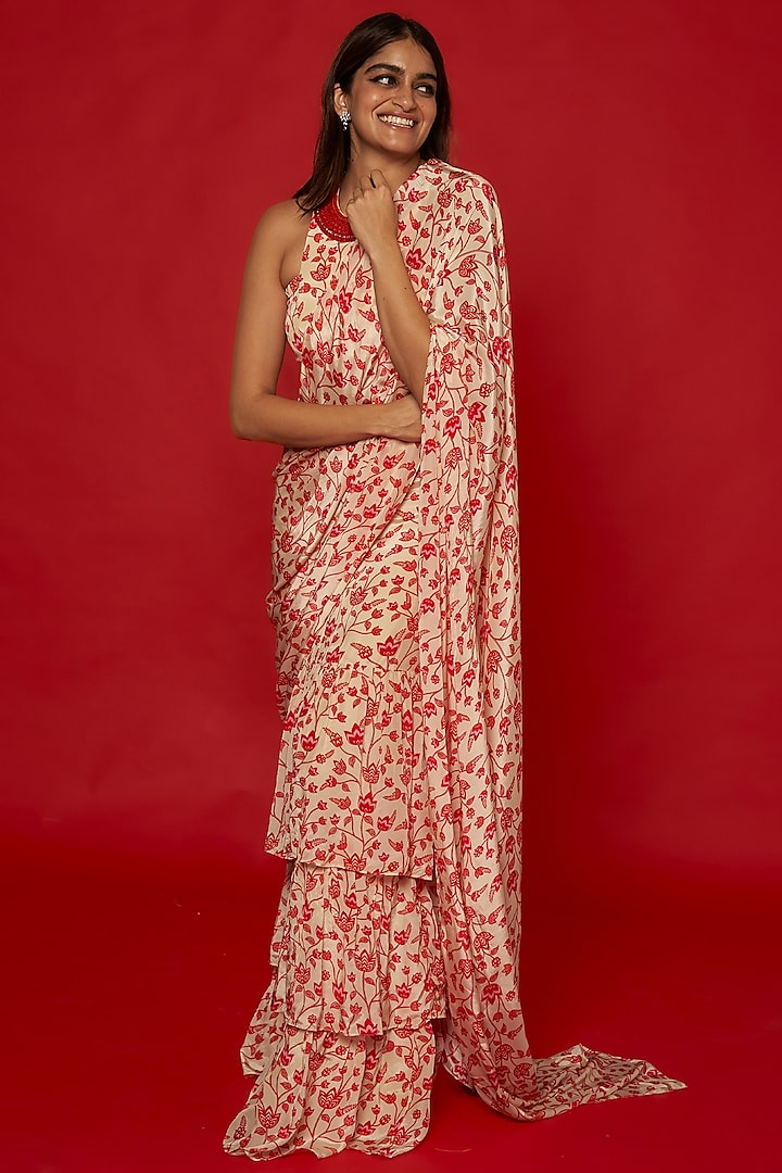 Cream & Red Natural Crepe Floral Printed Ruffle Saree Set by Essay by Sumedha Agrawal