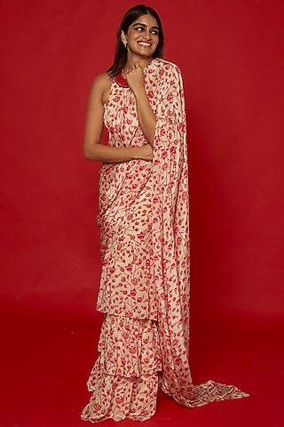 Cream & Red Natural Crepe Floral Printed Ruffle Saree Set by Essay by Sumedha Agrawal