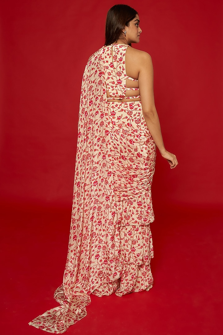 Cream & Red Natural Crepe Floral Printed Ruffle Party Wear Saree Set by Essay by Sumedha Agrawal at Pernia's Pop Up Shop
