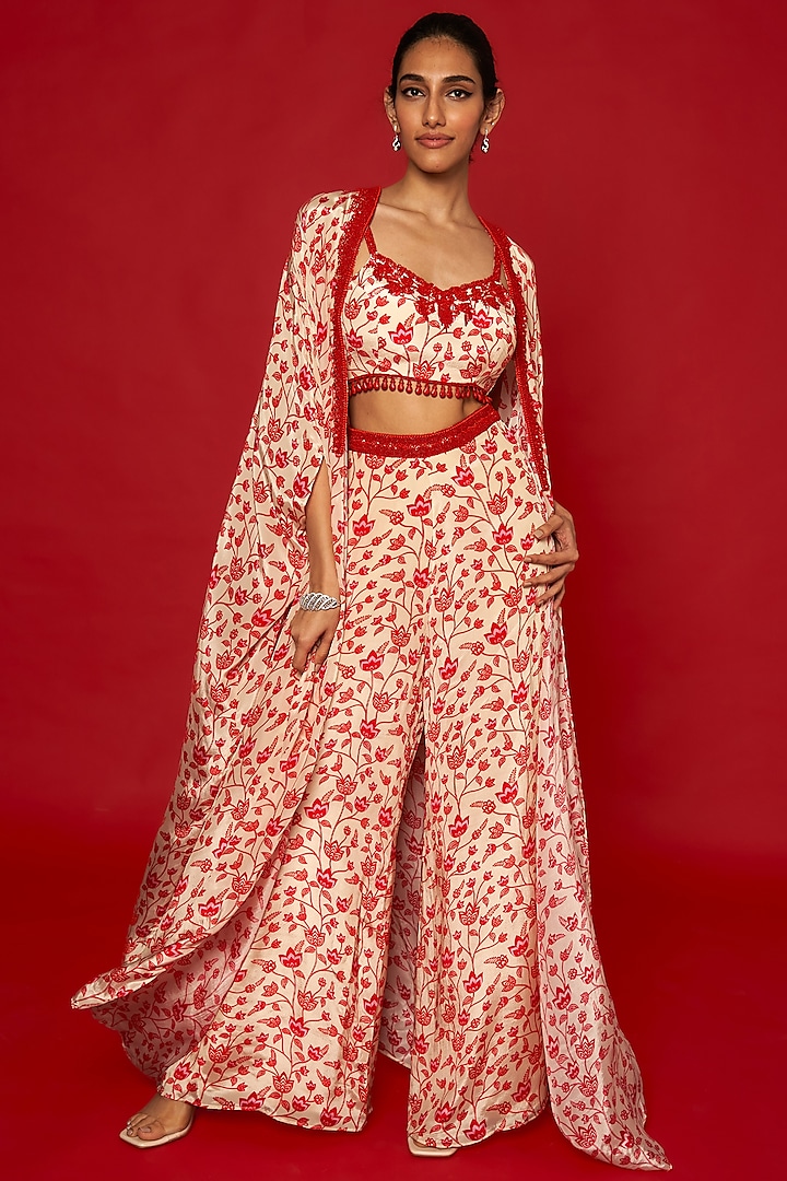 Cream & Red Natural Crepe Floral Printed Cape Set by Essay by Sumedha Agrawal