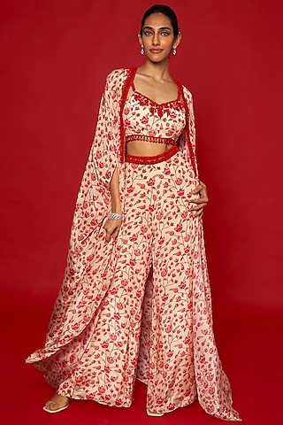 Cream & Red Natural Crepe Floral Printed Cape Set by Essay by Sumedha Agrawal