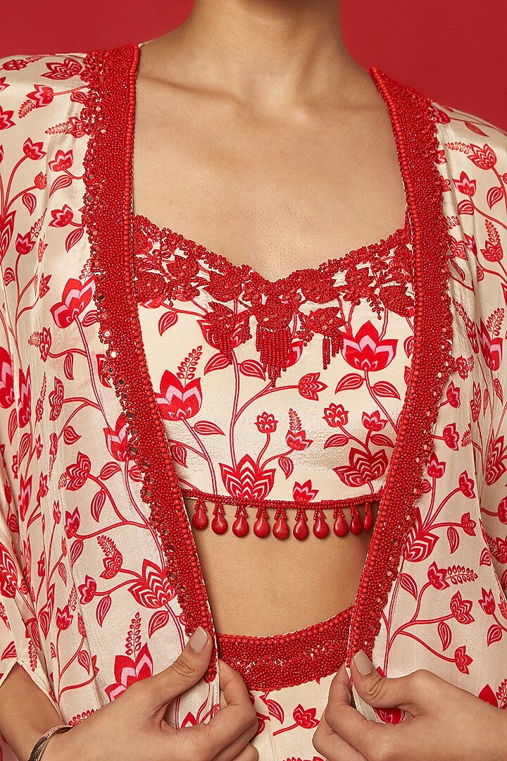 Cream & Red Natural Crepe Floral Printed Cape Set by Essay by Sumedha Agrawal at Pernia's Pop Up Shop