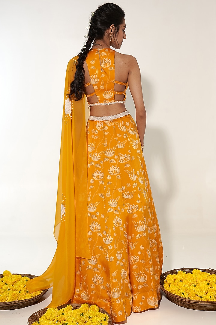Mustard & White Organza Satin Lotus Printed Wedding Lehenga Set by Essay by Sumedha Agrawal at Pernia's Pop Up Shop