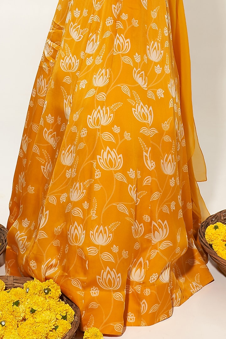 Mustard & White Organza Satin Lotus Printed Wedding Lehenga Set by Essay by Sumedha Agrawal at Pernia's Pop Up Shop