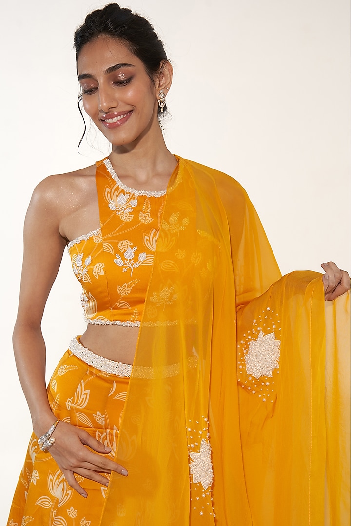 Mustard & White Organza Satin Lotus Printed Wedding Lehenga Set by Essay by Sumedha Agrawal at Pernia's Pop Up Shop
