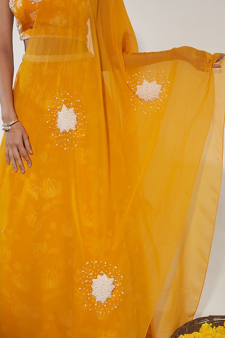 Mustard & White Organza Satin Lotus Printed Wedding Lehenga Set by Essay by Sumedha Agrawal at Pernia's Pop Up Shop