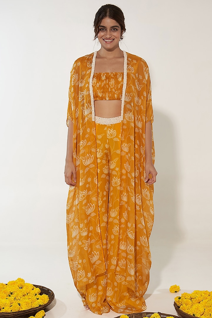 Yellow Organza Lotus Printed & Pearl Embroidered Cape Set by Essay by Sumedha Agrawal
