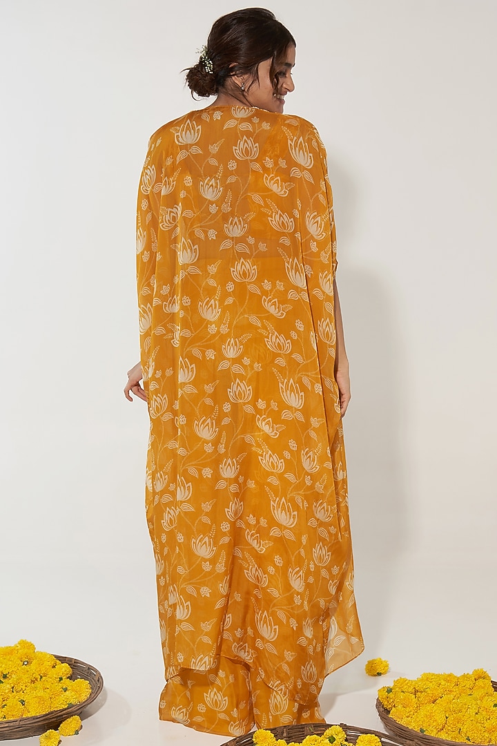 Yellow Organza Lotus Printed & Pearl Embroidered Cape Set by Essay by Sumedha Agrawal at Pernia's Pop Up Shop
