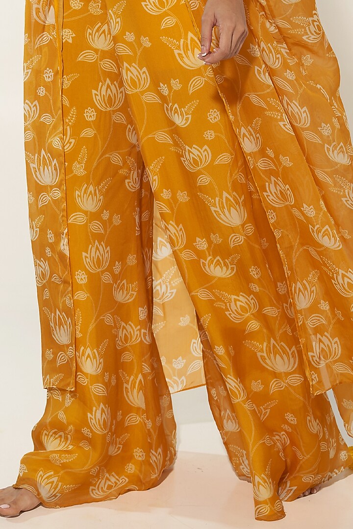 Yellow Organza Lotus Printed & Pearl Embroidered Cape Set by Essay by Sumedha Agrawal at Pernia's Pop Up Shop