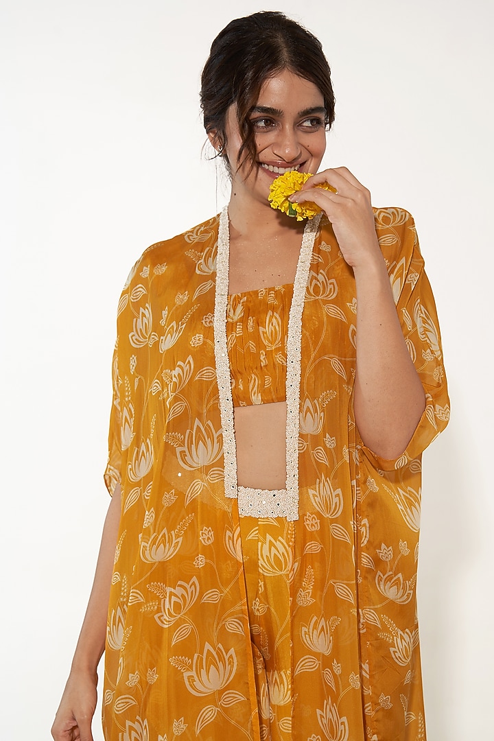 Yellow Organza Lotus Printed & Pearl Embroidered Cape Set by Essay by Sumedha Agrawal at Pernia's Pop Up Shop