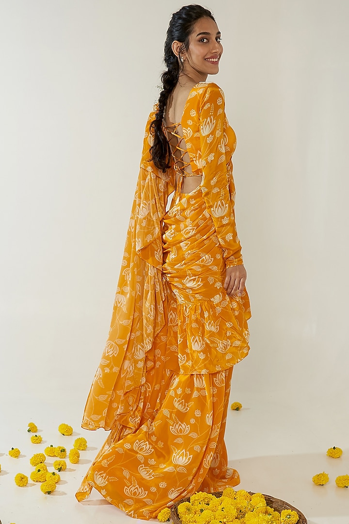 Yellow Natural Crepe Lotus Printed Ruffled Party Wear Saree Set by Essay by Sumedha Agrawal at Pernia's Pop Up Shop