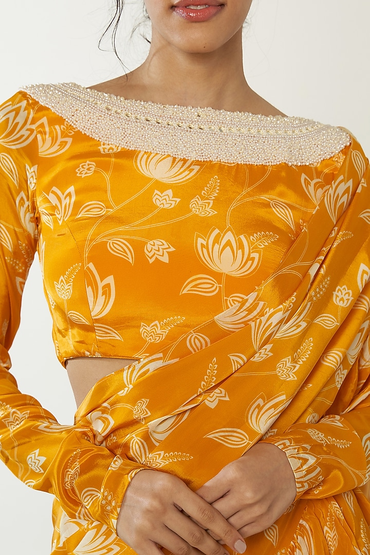 Yellow Natural Crepe Lotus Printed Ruffled Party Wear Saree Set by Essay by Sumedha Agrawal at Pernia's Pop Up Shop