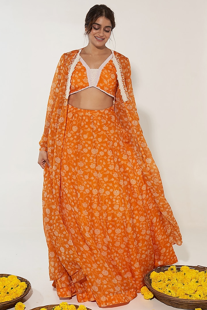 Orange Organza Floral Printed Jacket Lehenga Set by Essay by Sumedha Agrawal