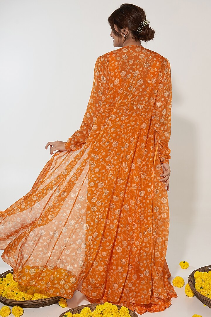 Orange Organza Floral Printed Jacket Lehenga Set by Essay by Sumedha Agrawal at Pernia's Pop Up Shop