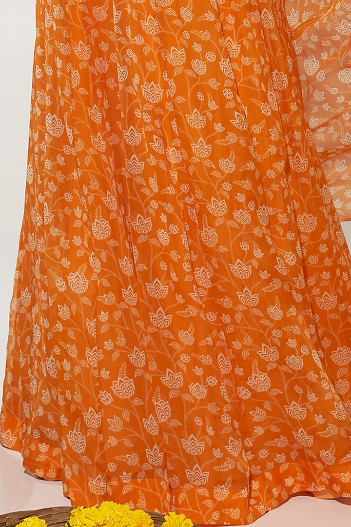 Orange Organza Floral Printed Jacket Lehenga Set by Essay by Sumedha Agrawal at Pernia's Pop Up Shop