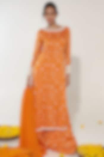 Orange Organza Satin Floral Printed & Pearl Embroidered Kurta Set by Essay by Sumedha Agrawal