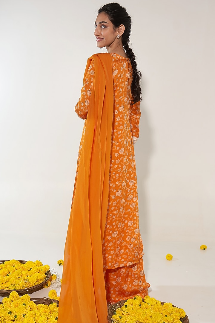 Orange Organza Satin Floral Printed & Pearl Embroidered Kurta Set by Essay by Sumedha Agrawal at Pernia's Pop Up Shop