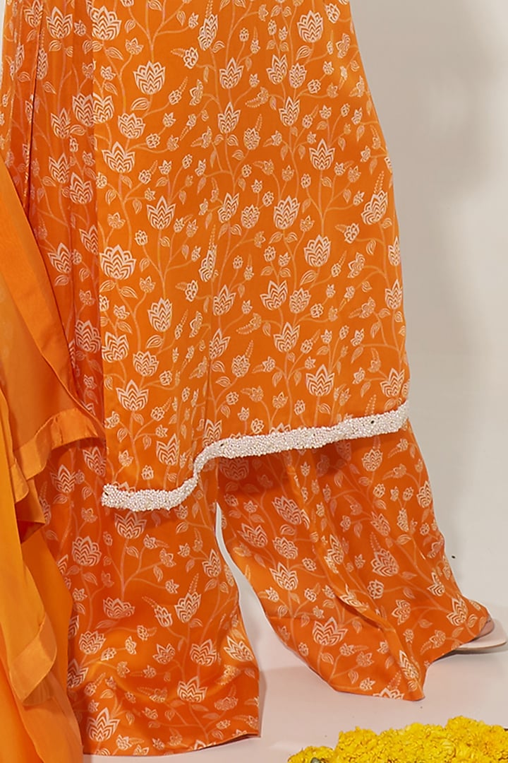 Orange Organza Satin Floral Printed & Pearl Embroidered Kurta Set by Essay by Sumedha Agrawal at Pernia's Pop Up Shop