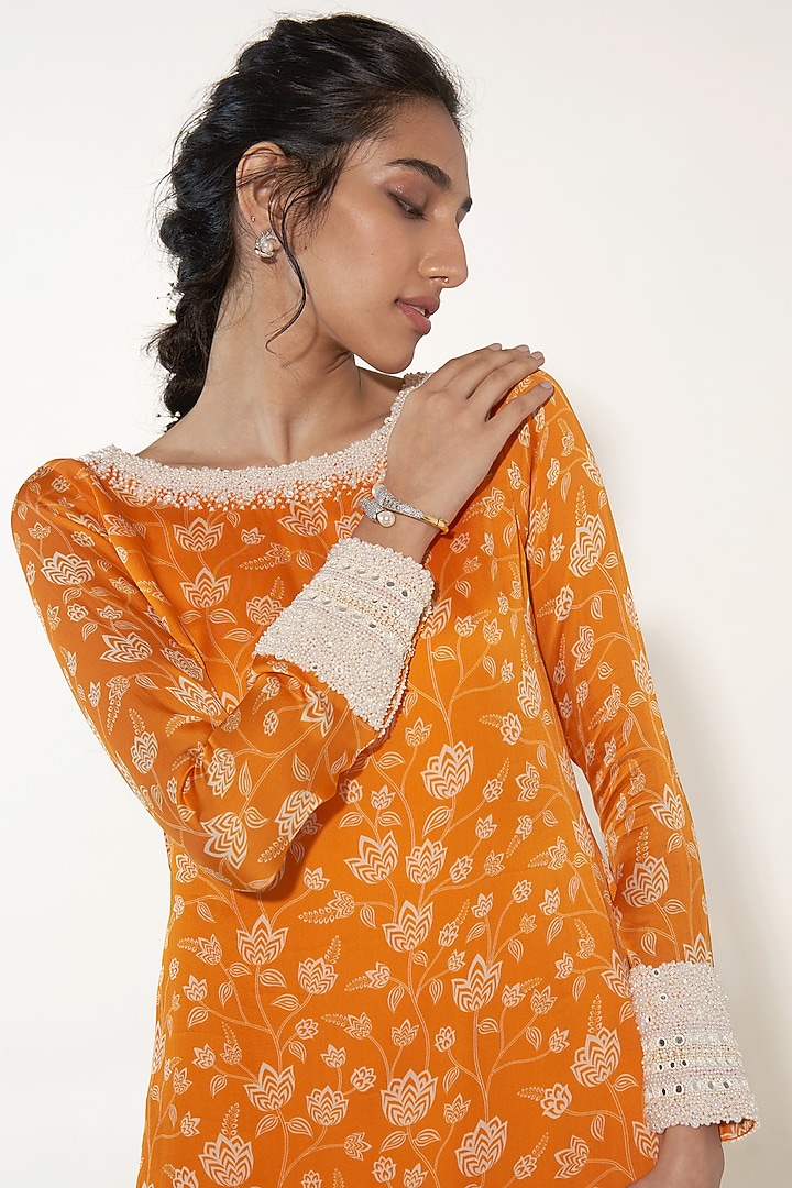 Orange Organza Satin Floral Printed & Pearl Embroidered Kurta Set by Essay by Sumedha Agrawal at Pernia's Pop Up Shop