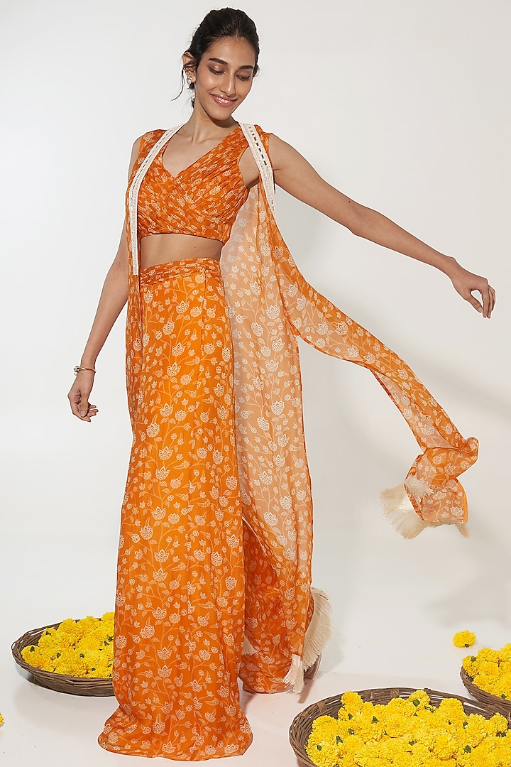 Orange Organza Floral Printed & Sequins Embroidered Cape Set by Essay by Sumedha Agrawal