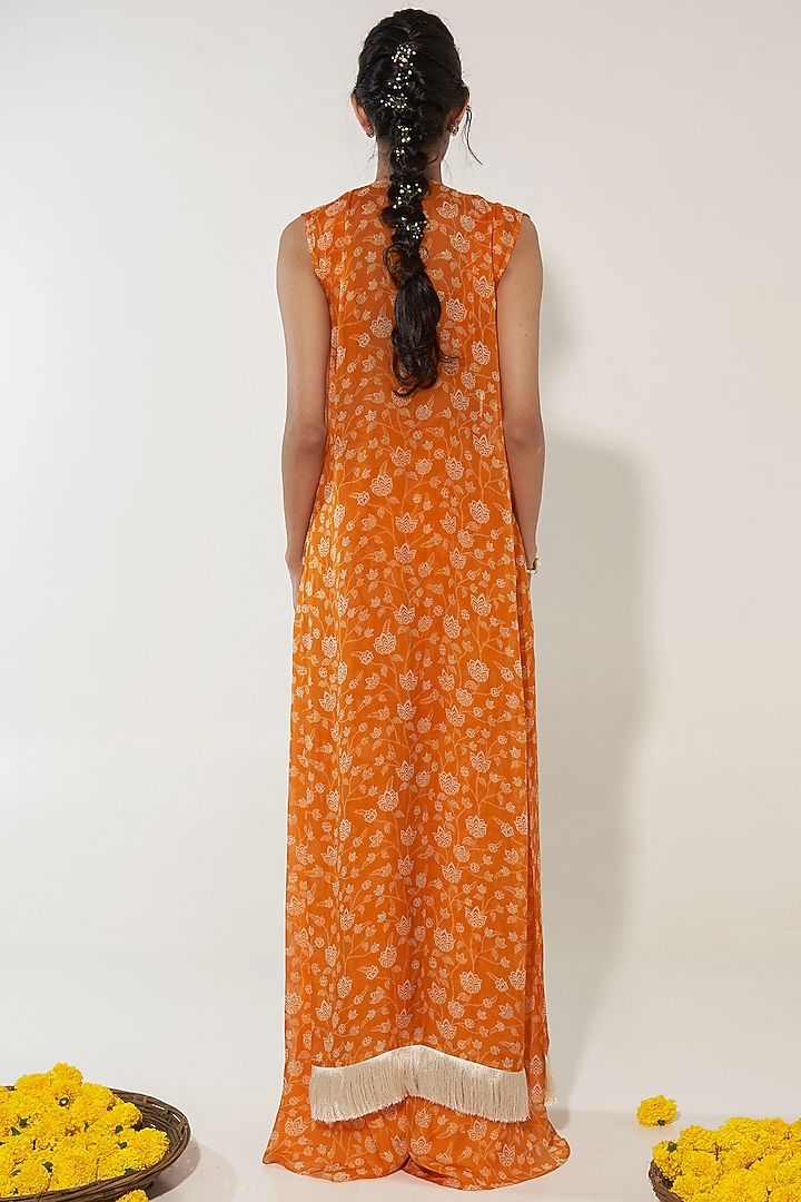 Orange Organza Floral Printed & Sequins Embroidered Cape Set by Essay by Sumedha Agrawal at Pernia's Pop Up Shop