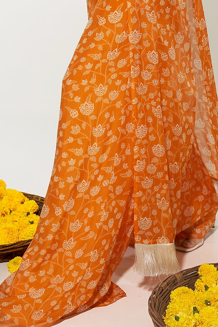Orange Organza Floral Printed & Sequins Embroidered Cape Set by Essay by Sumedha Agrawal at Pernia's Pop Up Shop