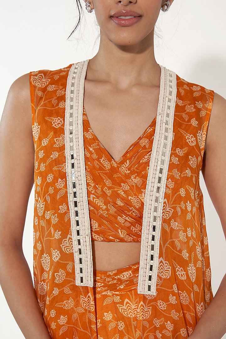 Orange Organza Floral Printed & Sequins Embroidered Cape Set by Essay by Sumedha Agrawal at Pernia's Pop Up Shop