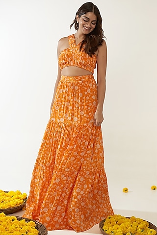 Orange Natural Crepe Floral Printed Skirt Set by Essay by Sumedha Agrawal