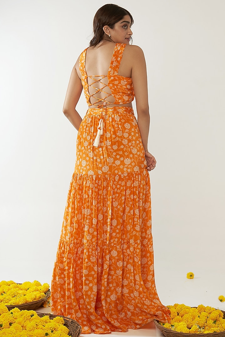 Orange Natural Crepe Floral Printed Skirt Set by Essay by Sumedha Agrawal at Pernia's Pop Up Shop