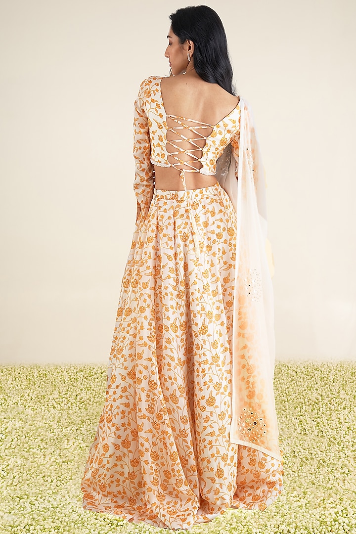 White Organza Satin Floral Printed Lehenga Set by Essay by Sumedha Agrawal at Pernia's Pop Up Shop